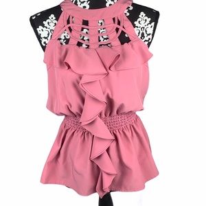 Akira Top Peplum Pink Ruffled Sleeveless Blouse
